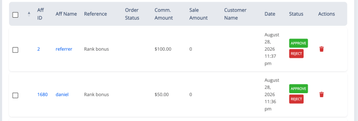 The Manage Referrals list with two pending rank bonus rows awaiting approval, each with no order attached.