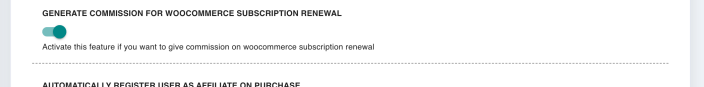 The Advanced Features General screen with Generate commission for woocommerce subscription renewal switched on.