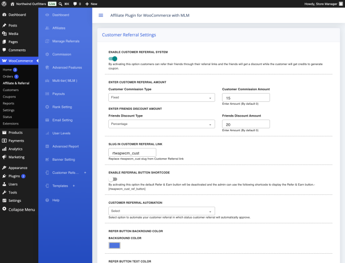 The Customer Referral Settings screen with Enable Customer Referral System on, reward amounts filled in, and the automation dropdown.