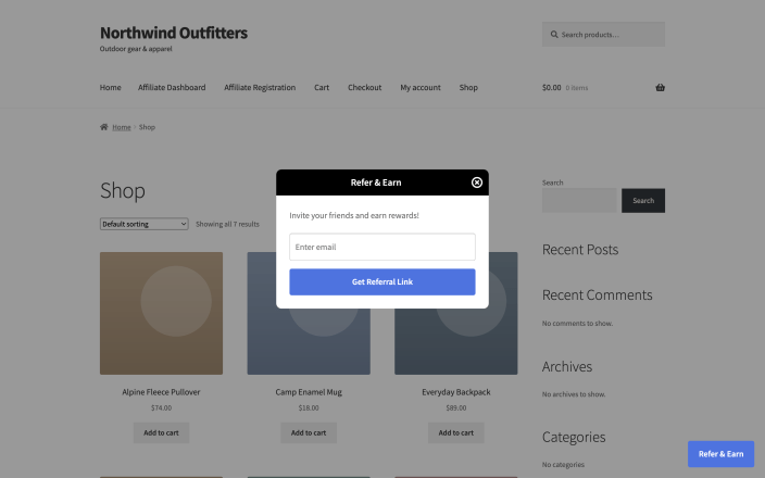 The floating Refer & Earn button on a storefront and the opened panel where a customer enters an email address to get their personal referral link.