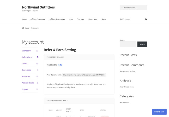 The customer referral dashboard in My Account with credit balance, referral link, referral history and the coupon generator.