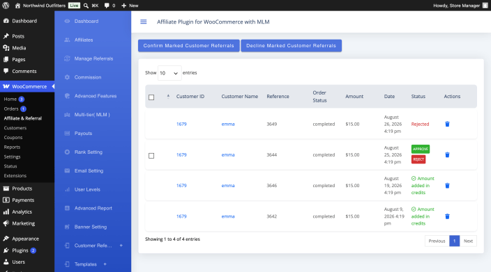 The Customer Referrals admin table listing referred orders with referrer, amount, status and approve controls.