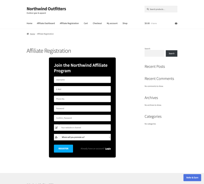 Register Template 2 on the storefront: a compact card with the store's own form title above the fields.