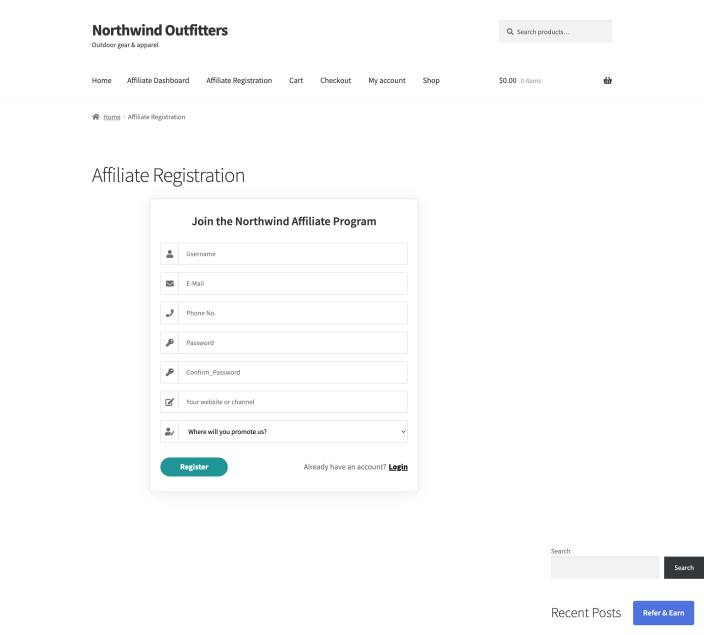 Register Template 3 on the storefront: a light card with the store's own form title, the core fields and two custom questions.