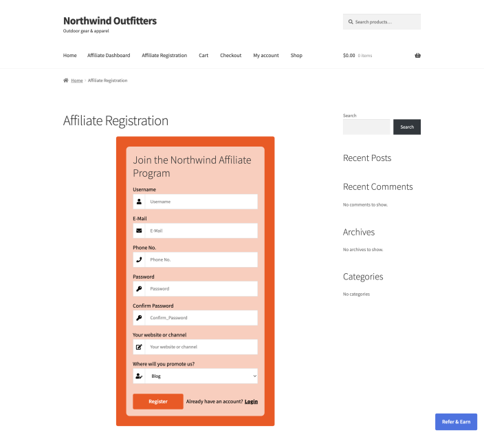Register Template 4 on the storefront, showing a visible label above each input field.