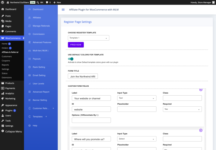The Custom Form Fields builder with a row defining a label, input type, class, ID, required setting and options.