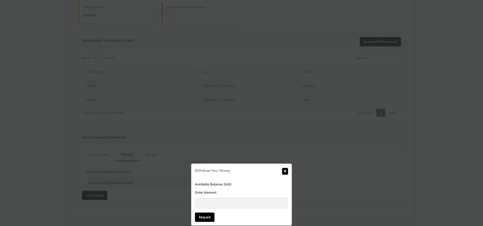 The affiliate dashboard Payout tab with the withdrawal request form, payment method selection and amount field.