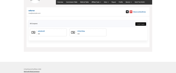 The affiliate dashboard coupon generation section with an amount entered and the generated coupon code displayed.