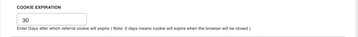 The Cookie Expiration field under Advanced Features, setting how many days a referral click keeps its credit.