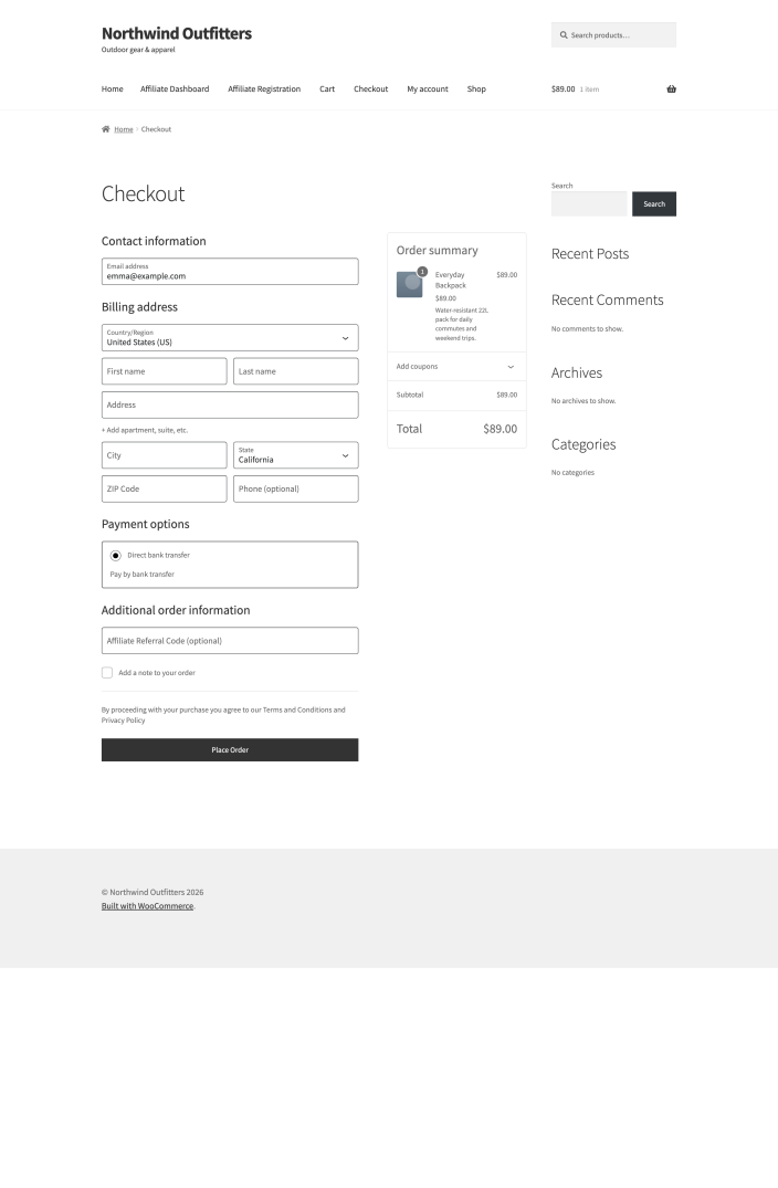 The block checkout with the optional Affiliate Referral Code field where a customer can type an affiliate's code.