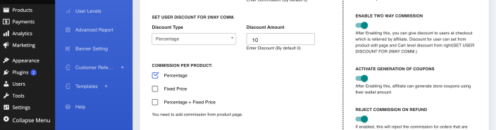 The Commission screen with Enable Two Way Commission switched on and the Set User Discount for 2Way Comm fields filled in.
