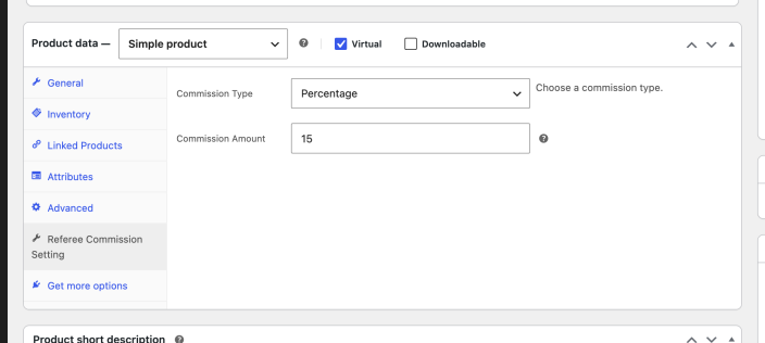 The Referee Commission Setting tab in a product's Product data panel with a discount type and amount entered.