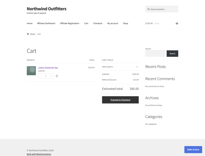 A storefront cart totals area showing the automatically applied Referral Discount line for a referred customer.