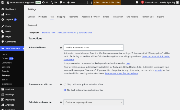 WooCommerce Tax settings with automated taxes enabled and core options grayed out