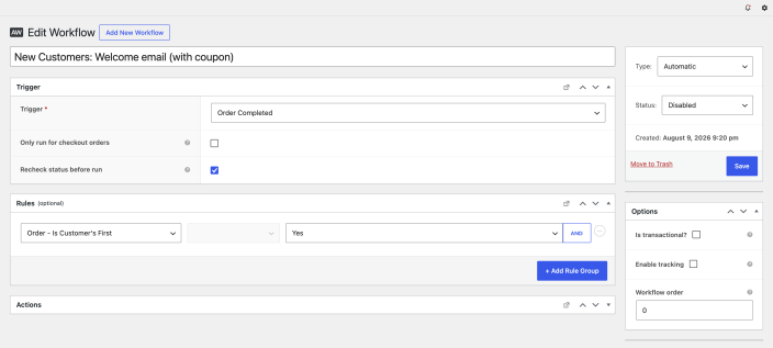 AutomateWoo workflow editor showing the Order Completed trigger and Order - Is Customer's First equals Yes rule
