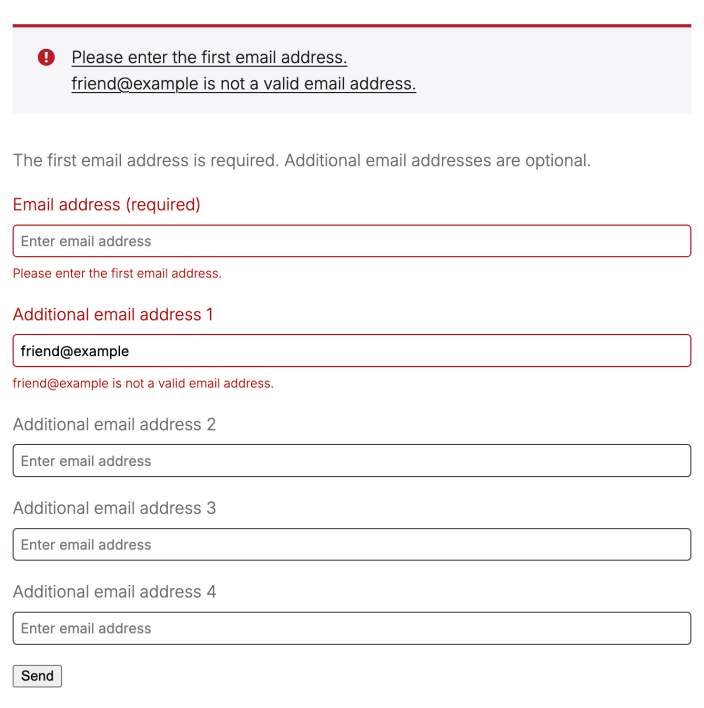 Refer A Friend email share form with an error summary and persistent messages for a missing required email address and an invalid address.