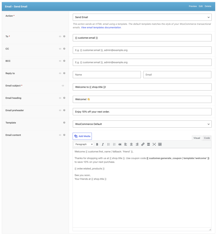 AutomateWoo Send Email action configured with recipient, subject, heading, preheader, and a welcome coupon variable