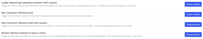 AutomateWoo preset workflows list showing welcome email presets for new customers, including a coupon version
