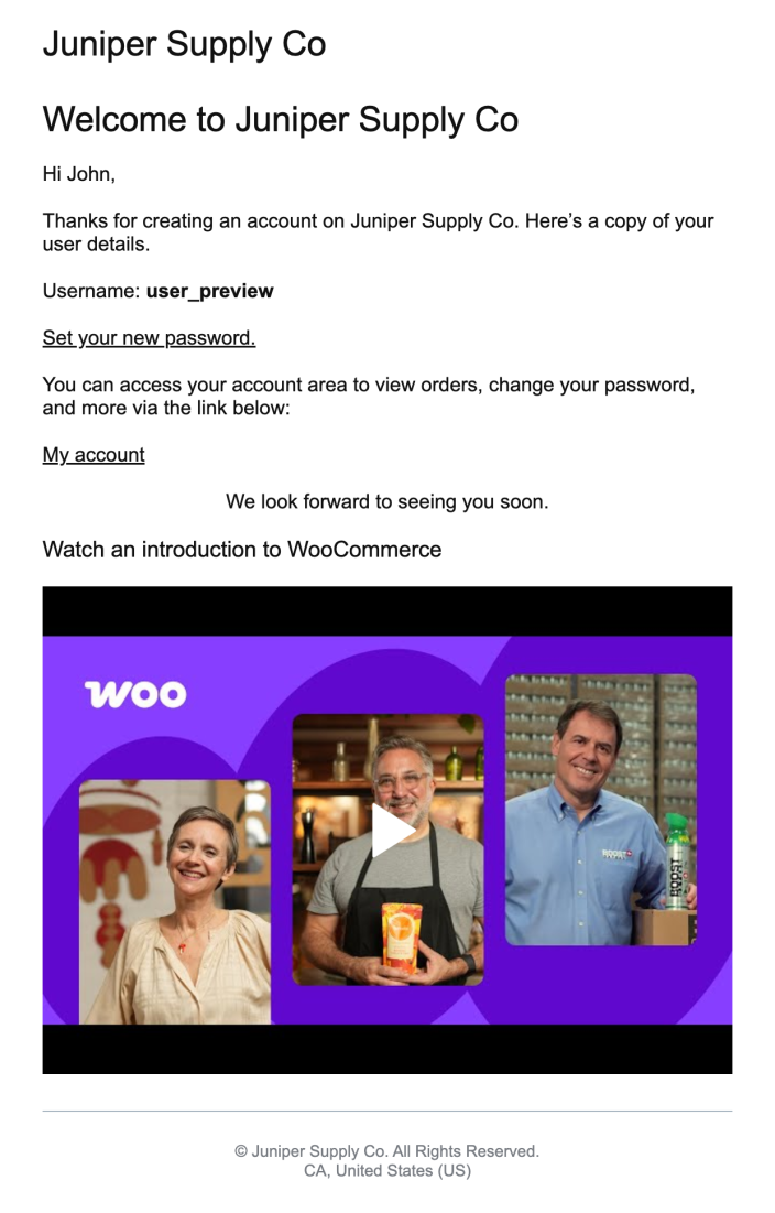 A received WooCommerce block email showing a clickable WooCommerce YouTube thumbnail