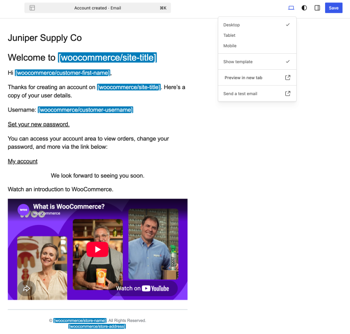 A WooCommerce YouTube video in the block email editor with the preview and test email options open