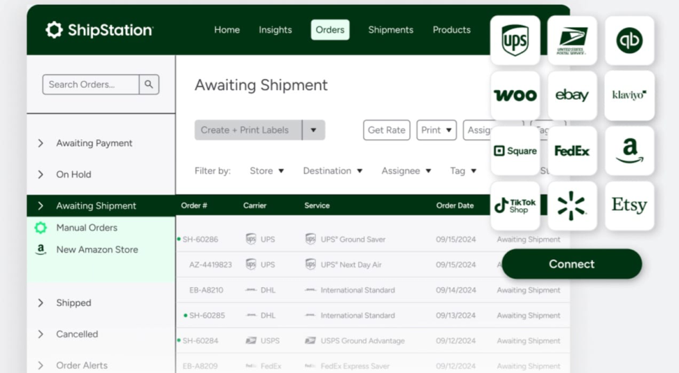 example of ShipStation dashboard showing orders awaiting shipment, services, carriers, and more information