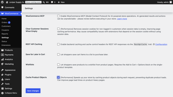 WooCommerce Advanced Features settings with Cache Product Objects enabled and the Save changes button available.