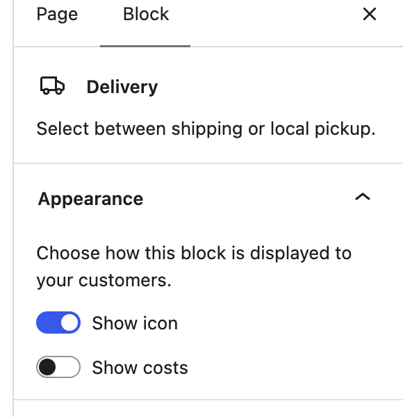 Delivery block settings with Show icon enabled and Show costs disabled