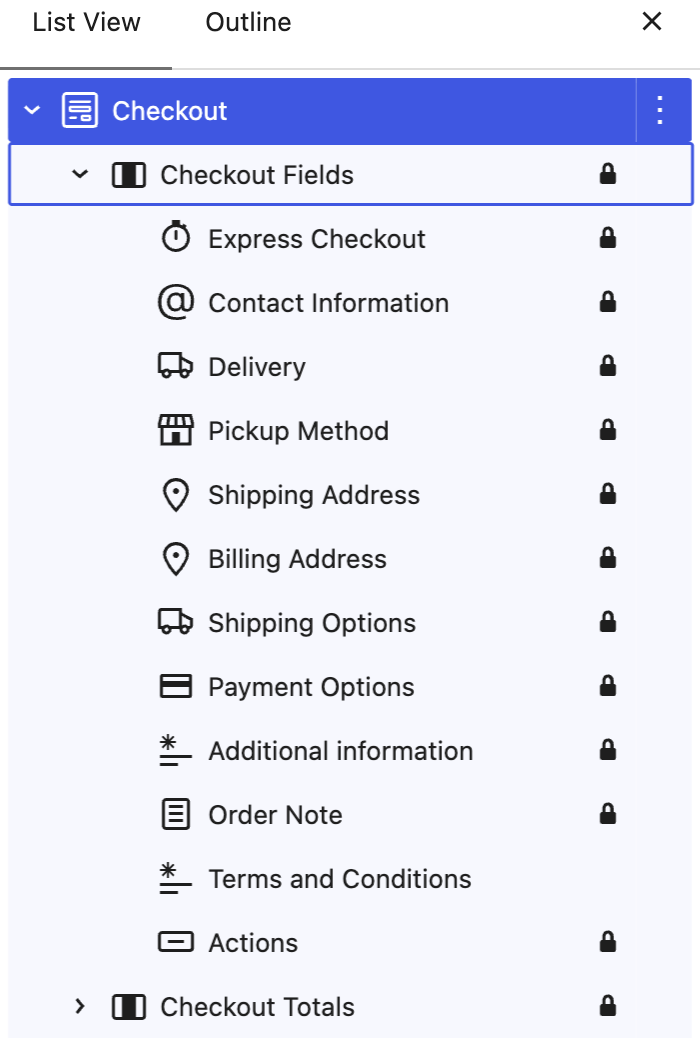 Checkout editor List View showing Delivery, Pickup Method, and Shipping Options as separate blocks under Checkout Fields