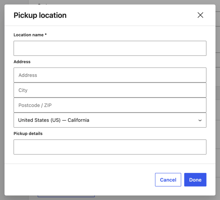 Blank Pickup location dialog with fields for name, address, country or state, and pickup details
