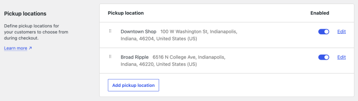 Pickup locations table showing enabled Downtown Shop and Broad Ripple locations