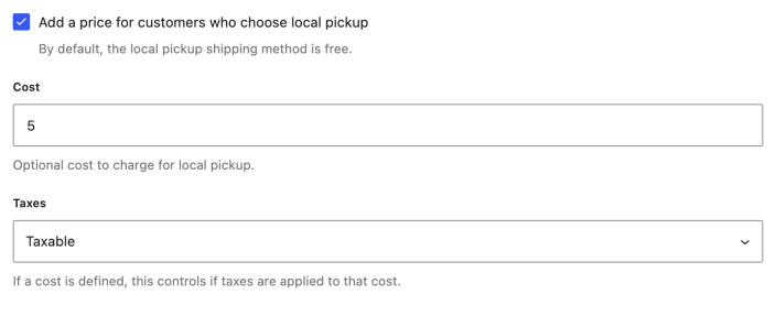 Local pickup price and tax settings with a taxable pickup fee