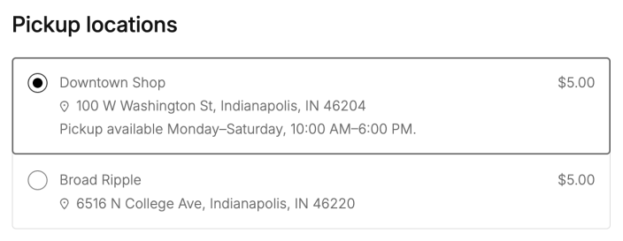 Purple theme checkout showing Downtown Shop and Broad Ripple pickup choices