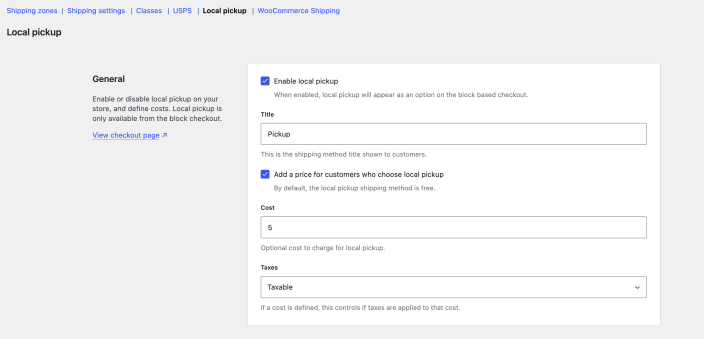 WooCommerce Local pickup settings with the method enabled, a Pickup title, and a taxable pickup fee
