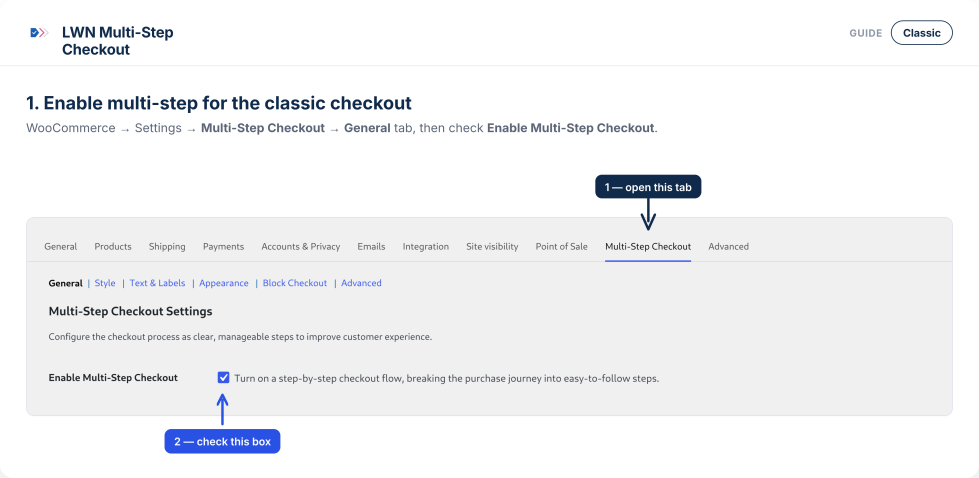 WooCommerce settings page with callout pointers indicating step 1 to open the Multi-Step Checkout tab and step 2 to check the Enable Multi-Step Checkout box.