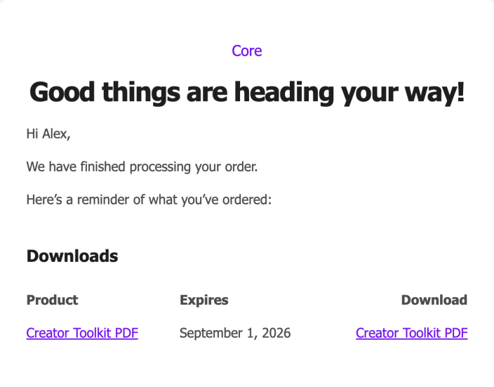 Completed order email showing a Creator Toolkit PDF download link and expiration date.
