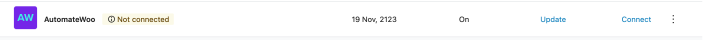 Screenshot showing AutomateWoo in WooCommerce > Extensions > My Subscriptions with a Not connected status and a Connect action.