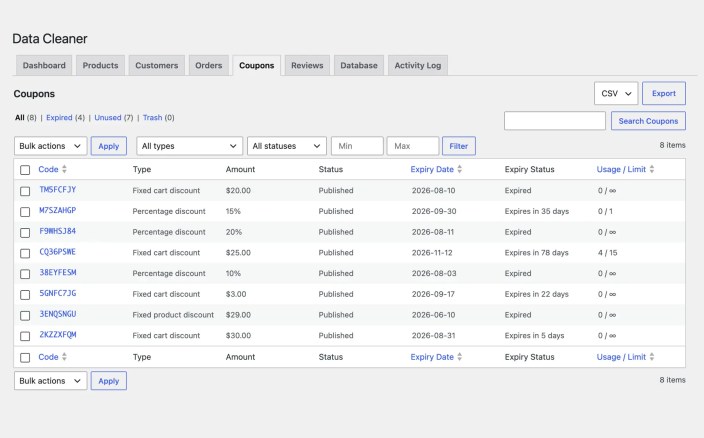 Coupons clean up page of Data Cleaner for WooCommerce