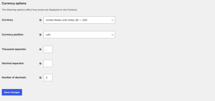 WooCommerce Currency options showing U.S. dollars, currency position, separators, decimal places, and Save changes.