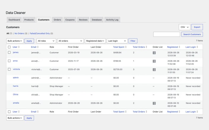 Customers clean up page of Data Cleaner for WooCommerce
