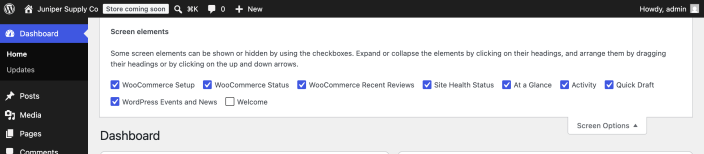 WordPress Dashboard with the expanded admin menu and Screen Options panel open, showing WooCommerce dashboard widget controls.