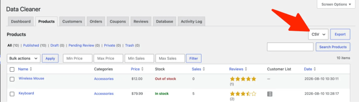 Exporting data in Data Cleaner for WooCommerce plugin