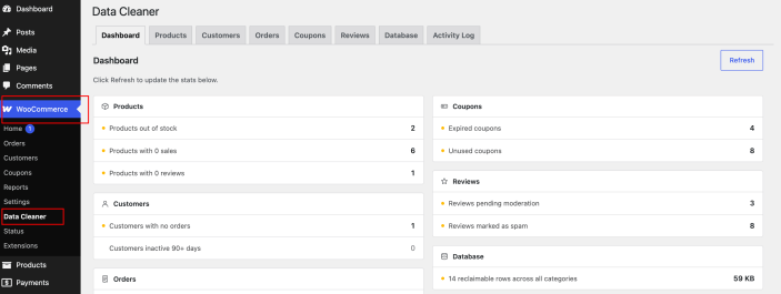 Setting page link of Data Cleaner for WooCommerce plugin