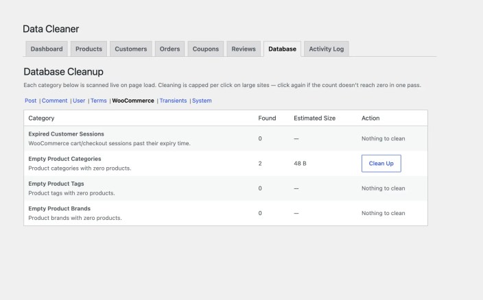 Database cleanup page of Data Cleaner for WooCommerce