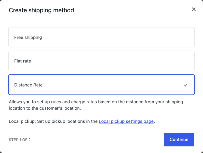 WooCommerce Create shipping method dialog with Distance Rate selected and the Continue button.