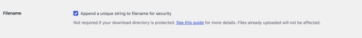 Filename setting with Append a unique string to filename for security enabled.