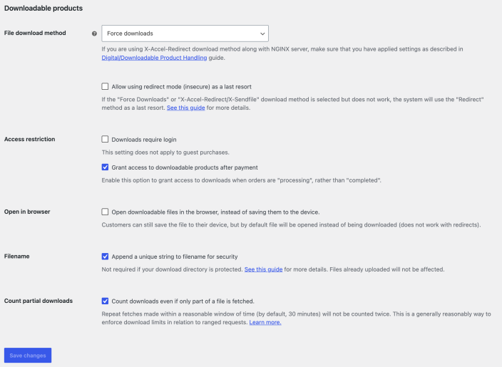 WooCommerce Downloadable products settings showing file download method, access restrictions, browser behavior, filename security, and partial download counting.