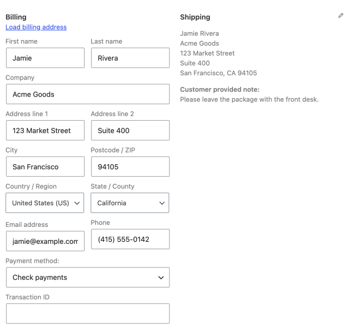 WooCommerce order details with editable billing fields beside the shipping address and customer note.