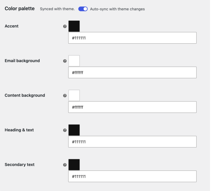 WooCommerce email color palette settings with automatic theme syncing and five color controls.