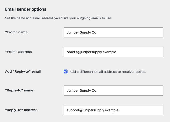WooCommerce email sender settings with From and Reply-to names and addresses.