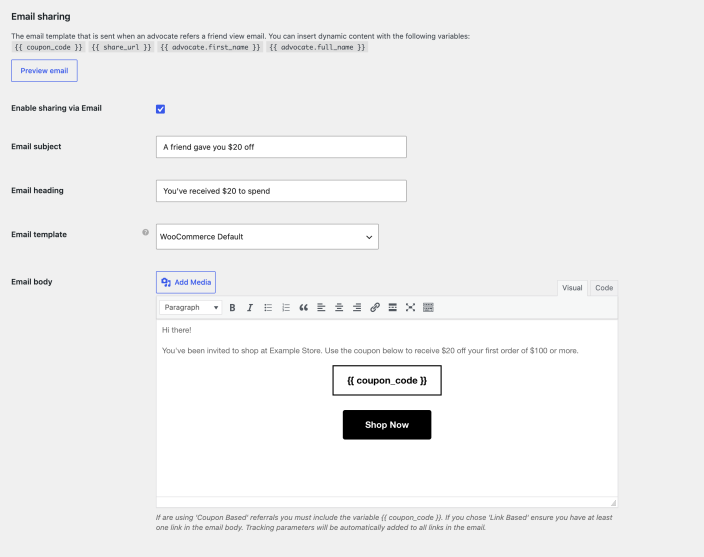 Refer A Friend email sharing settings with the subject, heading, WooCommerce template, and a coupon-based email body.